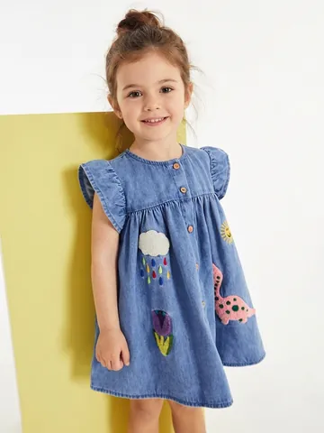 Meisjes Cartoon Dinosauriër Applicatie Denim Jurk Zomer Korte Mouw Katoen Casual Jurk Met Houten Knoppen Voor Kinderen
