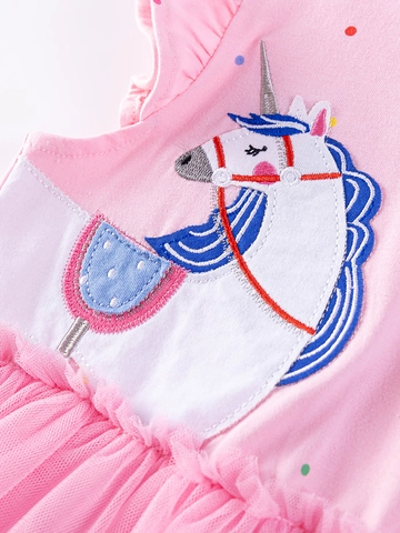 Vestido Rosa de Manga Corta para Niña Top de Algodón Falda de Tutú de Malla Unicornio Lunares Dulce Princesa Ropa de Verano