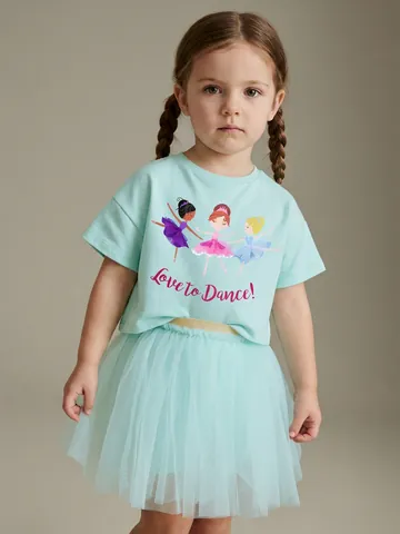 Girls Summer Two Piece Set Cotton Cartoon Ballet Dancer T-Shirt And Mesh Tutu Skirt Cute Outfits For Toddler Kids