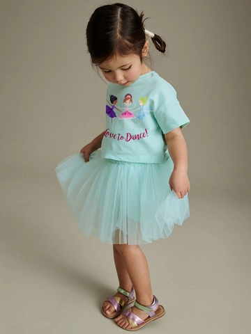 Girls Summer Two Piece Set Cotton Cartoon Ballet Dancer T-Shirt And Mesh Tutu Skirt Cute Outfits For Toddler Kids