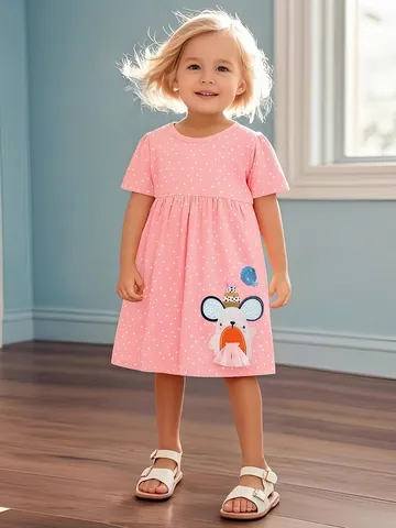 Peuter Meisjes Zomer Katoenen Jurk met Korte Mouwen Schattige Muis Applicatie Stippen Ster Print Casual Prinsessen Jurk