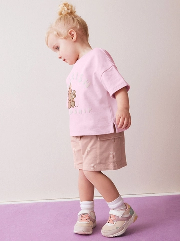 Completo Estivo in Cotone per Bambine Maglietta a Maniche Corte con Coniglio e Pantaloncini Cargo Floreali Rosa