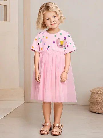 Robe de Princesse à Manches Courtes à Pois pour Filles Avec Ourlet en Maille Broderie de Patch Coton Doux Vêtements d'Été