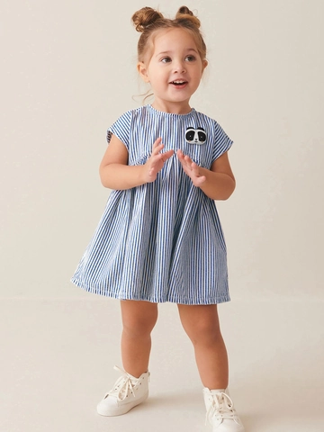 Vestito per Bambina Senza Maniche a Strisce Blu in Cotone Con Ricamo Patch Panda Estate Casual Bambini Linea A