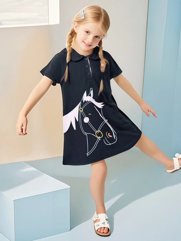 Girls Cotton Short Sleeve Polo Dress Embroidered Horse Cartoon Pattern Summer Casual Dress For Kids 2-7 Years