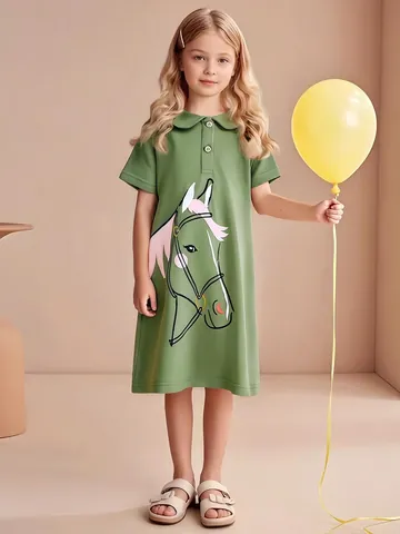 Girls Cotton Short Sleeve Polo Dress Embroidered Horse Cartoon Pattern Summer Casual Dress For Kids 2-7 Years