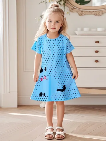 Abito Estivo per Bambine con Stampa a Pois e Gatto Manica Corta Dolce Principessa Linea A Morbido Traspirante Casual Abbigliamento per Bambini
