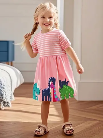 Girls Cotton Short Sleeve Dress Cartoon Animal Dinosaur Applique Pattern Striped Patchwork Summer Casual Outfit Kids Clothes