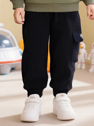 Kids Cargo Leggings Boys Girls Solid Black Cotton Knitted Sweatpants With Pocket Elastic Waist Drawstring Jogger Pants