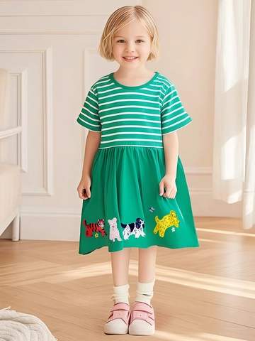 Girls Cotton Short Sleeve Dress Cartoon Animal Dinosaur Applique Pattern Striped Patchwork Summer Casual Outfit Kids Clothes