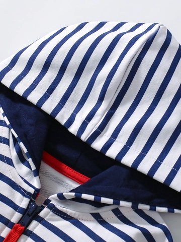 Little Maven Meisjes Herfst Katoenen Jas met Capuchon Blauw Wit Gestreept Haaienzak Casual Kinderkleding Outfit