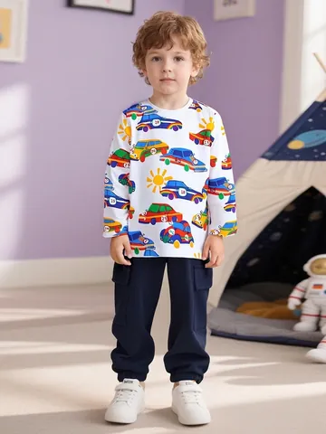Little Maven Set T-Shirt a Maniche Lunghe in Cotone e Pantaloni Cargo per Ragazzi Stampa Auto Cartone Autunno Casual Bambini