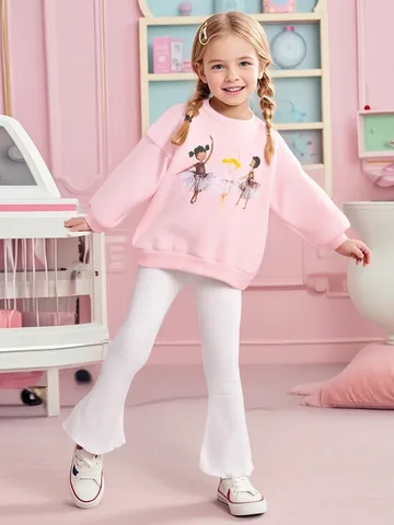 Abbigliamento da Bambina con Felpa Pullover Foderata in Pile e Pantaloni a Costine a Zampa Stampa Ballerina Girocollo Casual
