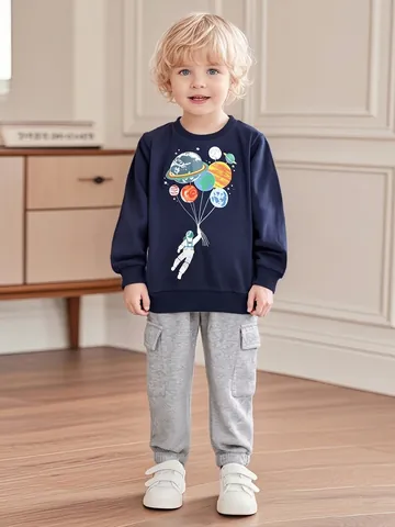 Jungen Herbst Langarm Marineblaues Sweatshirt Mit Astronauten Planeten Druck Und Graue Cargo Jogginghose Kinder Baumwolle Kleidung