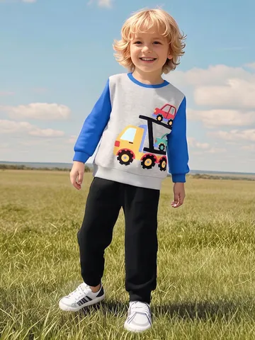 Little Maven Kids Boys Cartoon Transport Vehicle Print Sweatshirt And Pants Set Cotton Blend Patchwork Long Sleeve Clothing