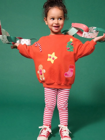 Mädchen Weihnachten Fleece Oberteil Und Gestreifte Hose Cartoon Lebkuchenmann Muster Lässig Herbst Winter Kleidung Outfit