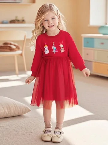 Little Maven Girls Christmas Red Long Sleeve Fleece Lined Dress 3D Applique Snowman Reindeer Tulle Skirt Kids Festive Outfit