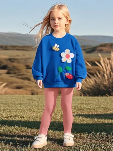Mädchen Casual Baumwolle Bekleidungsset Cartoon Biene Blume Applikation Blau Sweatshirt Und Rosa Rippenstrickhose Outfits