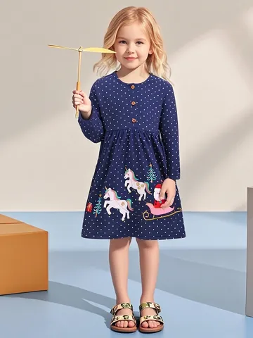 Mädchen Langarm Weihnachts Kleid Marineblau Punktmuster Baumwolle Kleid Mit Weihnachtsmann Einhorn Stickerei Für Kinder Herbst Lässig Festlich Kleidung