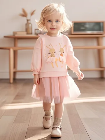 Abito in Tulle di Cotone Rosa per Bambine Little Maven Patchwork a Maniche Lunghe con Coniglio Cartone Animato per Feste
