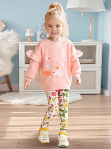 Little Maven Ensemble de Vêtements en Coton pour Filles Imprimé Lapin Sweat-shirt à Volants et Pantalon Fleuri Automne