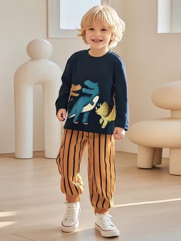 Little Maven Completo Autunnale da Ragazzo con Stampa Dinosauro Cartoon Top Blu Navy a Maniche Lunghe e Pantaloni a Righe