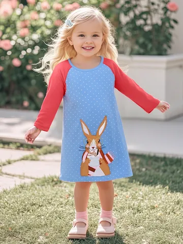 Meisjes Katoen Lange Mouw Stippen Jurk Schattige Cartoon Konijn Applicatie Contrast Kleur Patchwork Casual Herfst Kinderkleding
