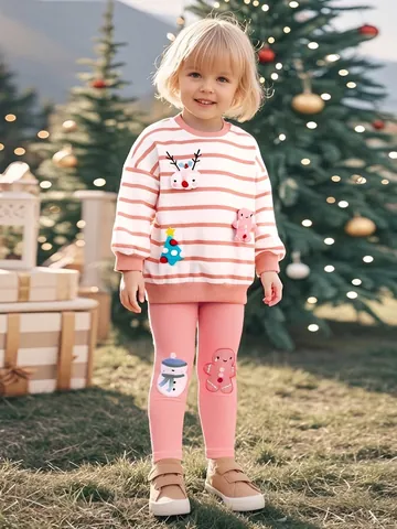 Girls Christmas Clothing Outfit Orange White Striped Long Sleeve Sweatshirt Pink Leggings Applique Reindeer Pattern Cotton Clothes