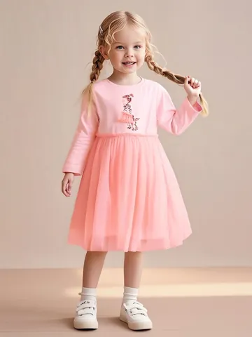 Meisjes Lange Mouwen Roze Mesh Tutu Jurk Cartoon Meisje Konijn Print Splicing Prinsessenjurk Voor Peuter Kinderen Herfst