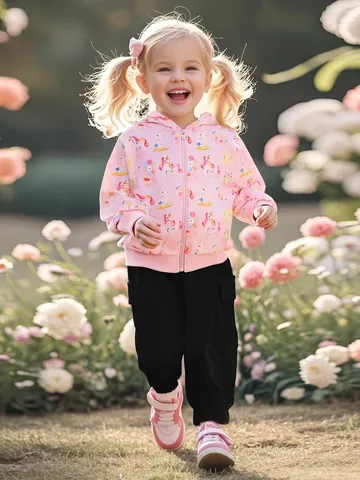 Ragazze Felpa Con Cappuccio Rosa Stampa Unicorno E Pantaloni Cargo Neri Autunno Manica Lunga Cartone Animato Abbigliamento