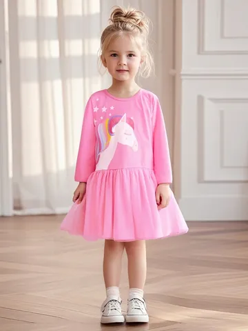 Meisjes Lange Mouwen Roze Eenhoorn Gaas Jurk Herfst Prinses Tule Glinsterende Sterren Kinderrok Casual Feestkleding