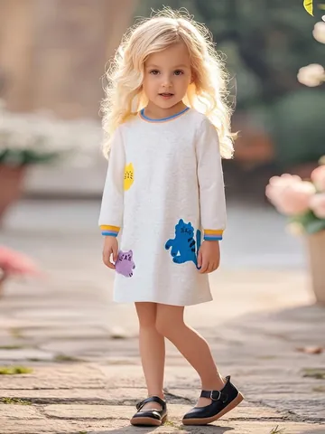 Vestito a Maniche Lunghe in Cotone per Ragazze Ricamo Gatto del Fumetto Grigio Casual Autunno Girocollo Abito a Trapezio