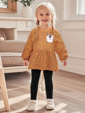 Little Maven Completo Maglietta e Pantaloni in Cotone per Bambina con Stampa a Pois Gatto Cartone Animato Vestiti Autunno Casual