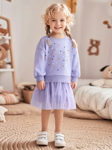 Mädchen Casual Fleece Gefüttertes Netz Patchwork Kleid Langarm Baumwolle Stern Blumenmuster Herbst Frühling Prinzessinnenkleid