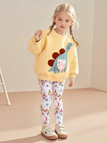 Ensemble Deux Pièces en Molleton Chaud pour Filles Sweat-shirt Jaune Pull-over à Manches Longues Applique Dinosaure de Dessin Animé et Pantalon Imprimé