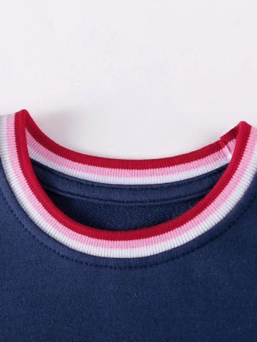 Abito da Bambina in Cotone a Maniche Lunghe Simpatico Ciliegio Ricamato Blu Navy Vestito da Principessa Polsini a Righe Casual Scuola