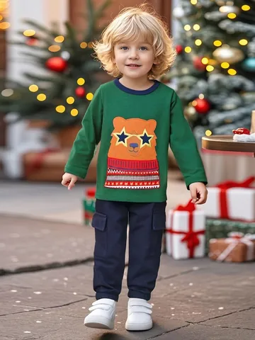 Ragazzi Maglietta a Maniche Lunghe in Cotone e Pantaloni Cargo Set Cartone Animato Orso Applique Autunno Casuale Bambini Completo Festivo