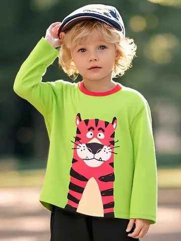 Jongens Cartoon Tijger Katoen Lange Mouw T-Shirt Herfst Kinderen Ronde Hals Top Fluorescerend Groen Contrast Trui Kleding
