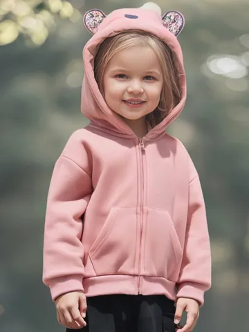 Giacca con Cappuccio in Pile per Bambine Orecchie da Animale Rosa Cappotto Invernale con Cerniera Felpa in Misto Cotone per Bambini