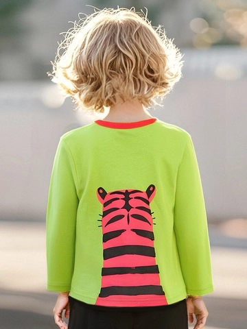 Jongens Cartoon Tijger Katoen Lange Mouw T-Shirt Herfst Kinderen Ronde Hals Top Fluorescerend Groen Contrast Trui Kleding