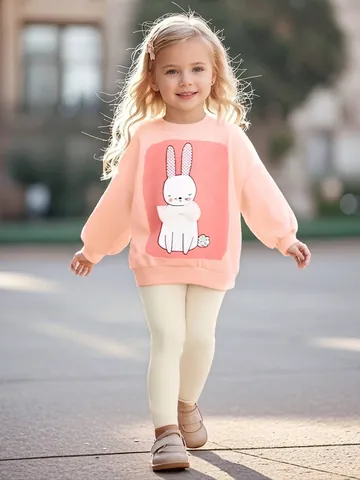 Ensemble de Vêtements d'Automne pour Filles Sweat-shirt en Coton Imprimé Lapin Rose et Pantalon Nervuré Hauts à Manches Longues