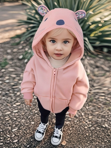 Giacca con Cappuccio in Pile per Bambine Orecchie da Animale Rosa Cappotto Invernale con Cerniera Felpa in Misto Cotone per Bambini