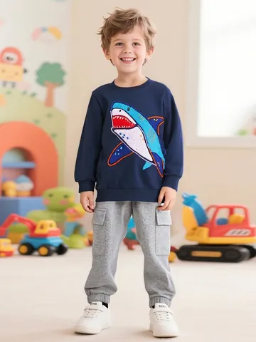 Boys Long Sleeve Cotton Sweatshirt And Cargo Jogger Pants Cartoon Shark Pullover Elastic Waist Trousers For Kids