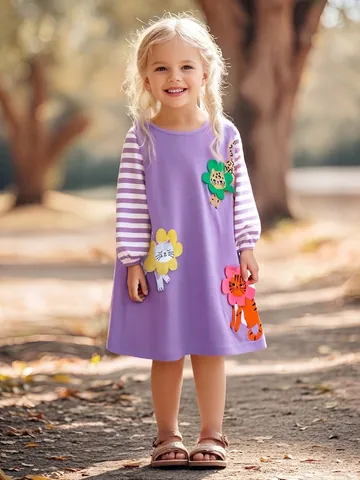 Little Maven Vestito da Bambina in Cotone a Maniche Lunghe Autunno Viola a Righe Patchwork Cartoon Animale Applique