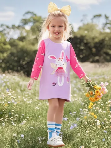 Abito a Maniche Lunghe in Cotone per Bambine Patchwork Cartone Animato Coniglio Applicazione Mesh Abito da Principessa per Autunno Casual