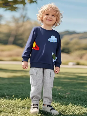 Ensemble de Vêtements Garçon Sweat Capuche Bleu Marine Thème Espace Pantalon Cargo Gris Coton Dessin Animé Fusée OVNI