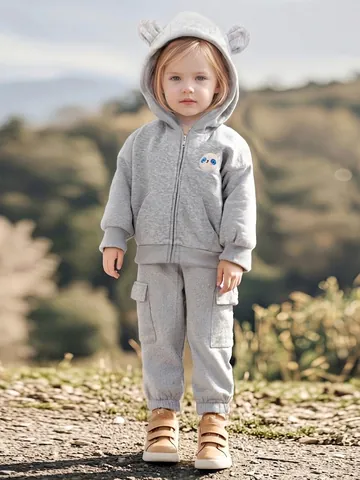 Felpa Con Cappuccio per Bambini o Pantaloni Cargo Ricamo Panda Decorazione Orecchie 3D Misto Cotone Outfit Autunnale Casual