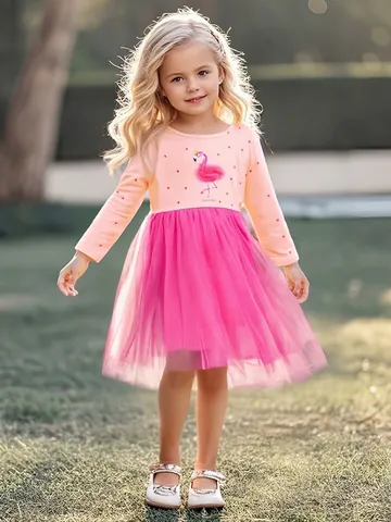 Meisjes Zoete Lange Mouw Roze Jurk Flamingo Print Polka Dot Mesh Splicing Tule Prinsessenjurk Voor Herfst Kinderen