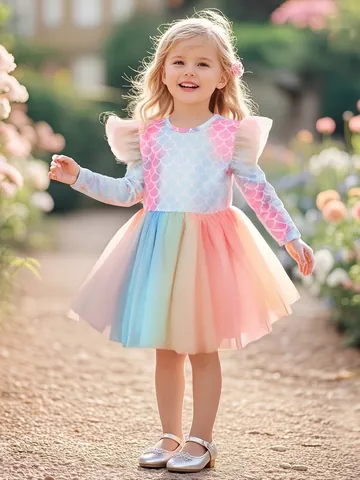 Robe à Manches Longues pour Filles Imprimé Sirène Robe de Princesse en Tulle Arc-en-ciel pour Enfants