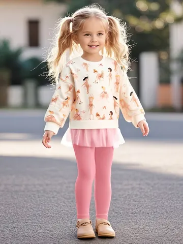 Little Maven Meisjes Ballerina Print Lange Mouwen Sweatshirt En Roze Tulle Tutu Leggings Herfst Casual Mode Outfit
